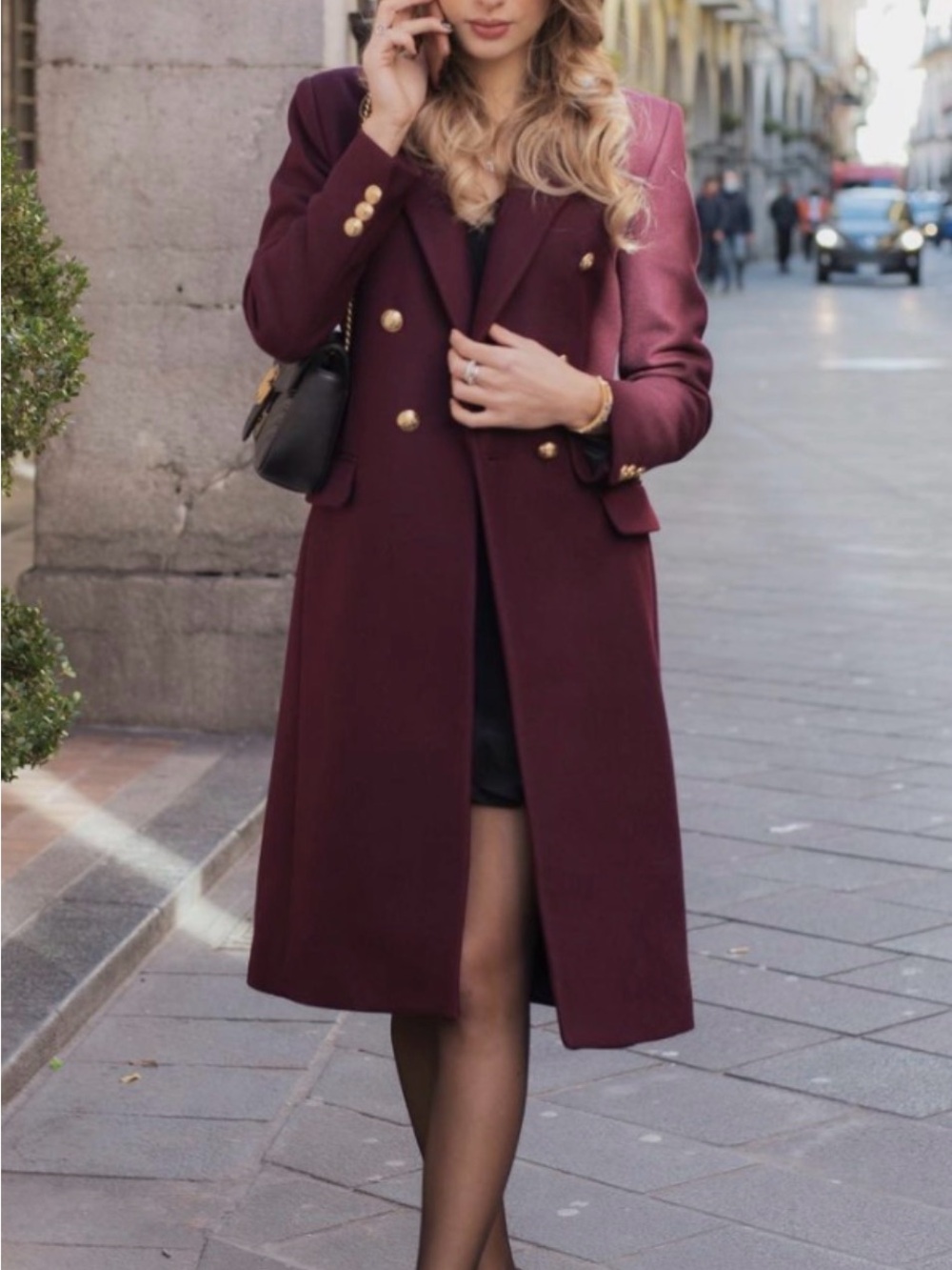 Zara Women's Double-Breasted Burgundy Wool-Blend Coat
